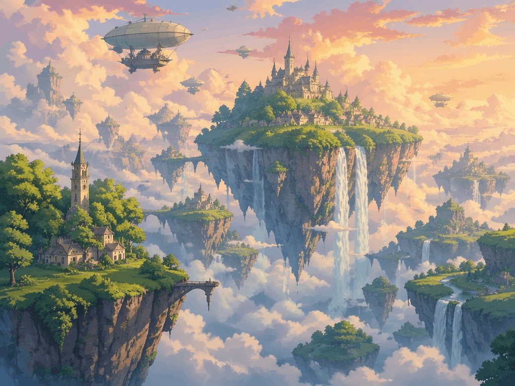 Epic fantasy landscape of floating islands above a golden sea at sunset — generated with GPT Image 2
