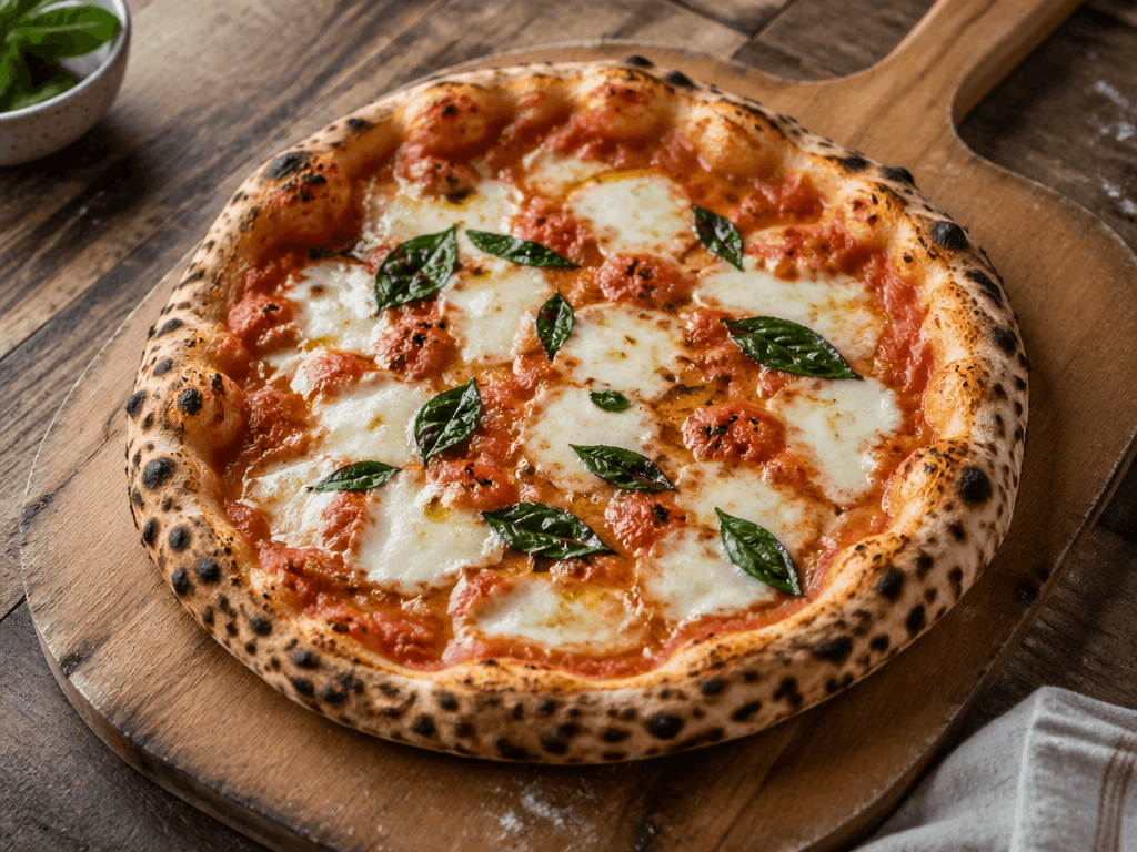 Overhead editorial food photo of a rustic sourdough pizza — generated with GPT Image 2